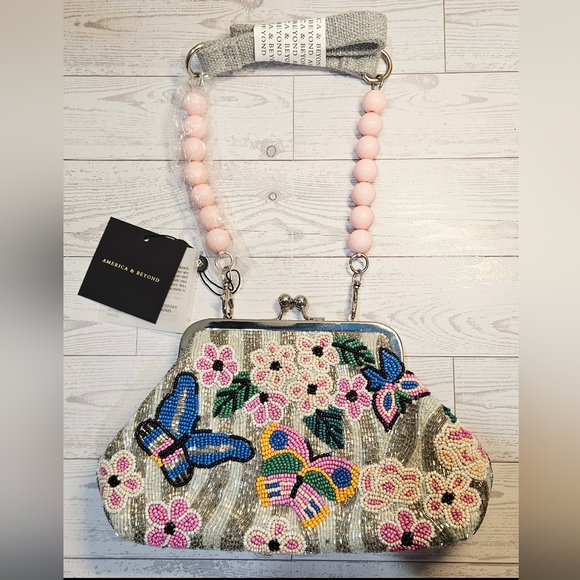 America & Beyond Handbags - Beaded Floral & Butterfly Shoulder Bag